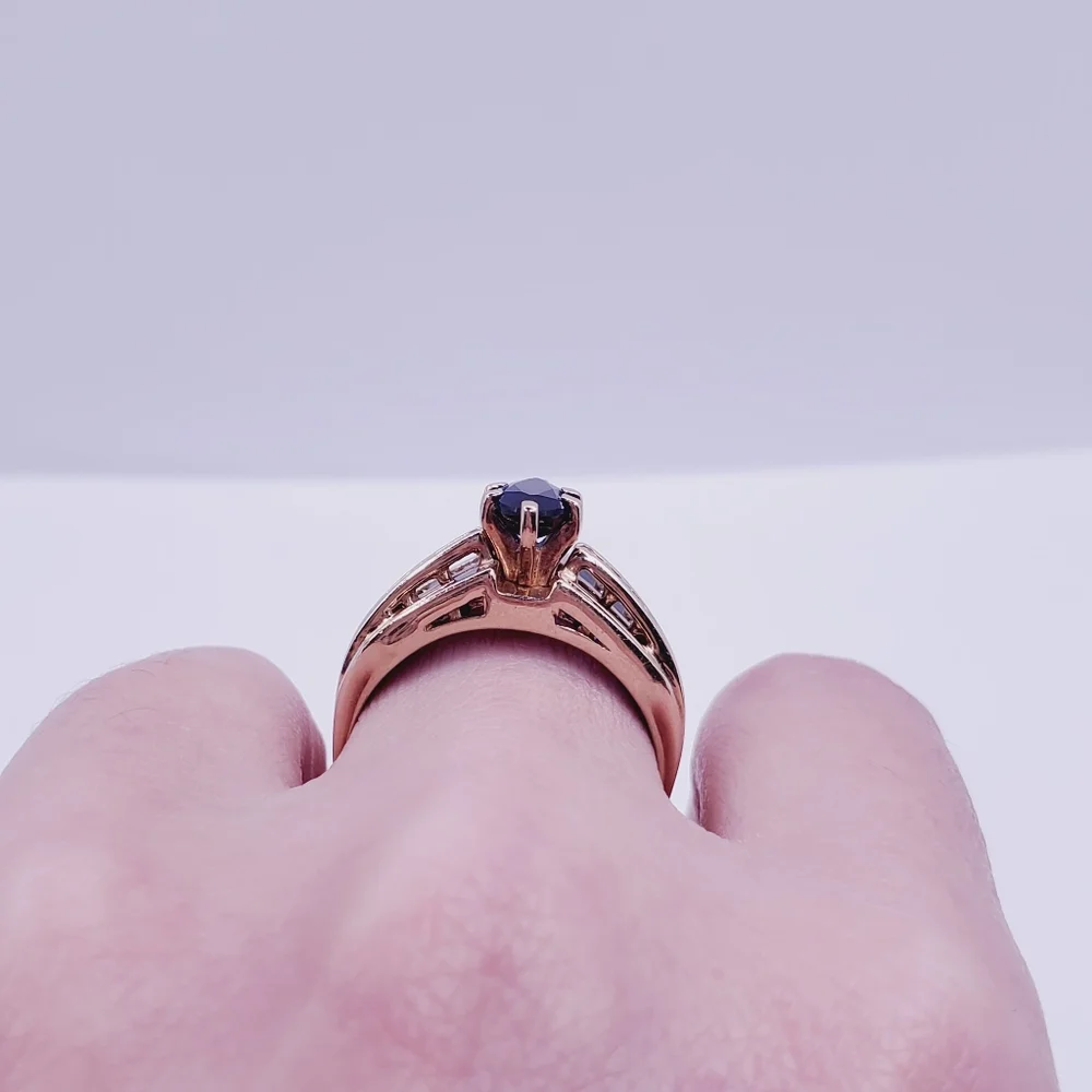 10k Solid Yellow Gold Genuine Marquise Blue Sapphire & Diamond Statement Ring